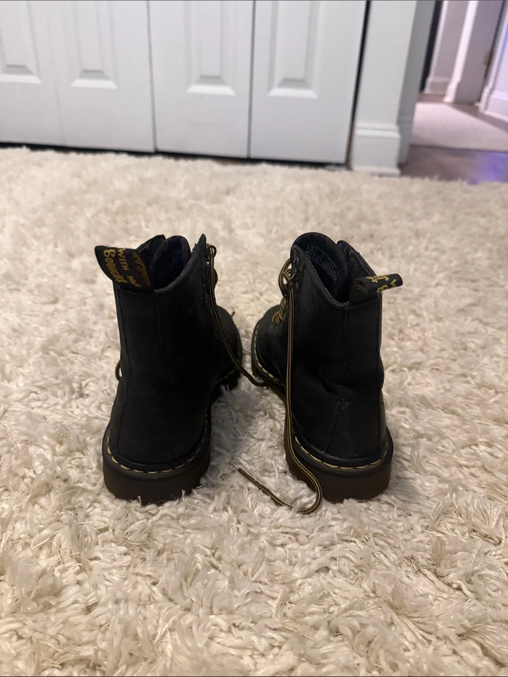 Dr. Martens Black Leather Lace-Up Boots with Yellow Stitching